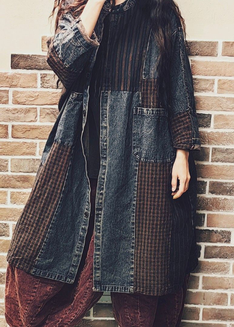 Colorblock Button Pockets Denim Patchwork Coat Fall