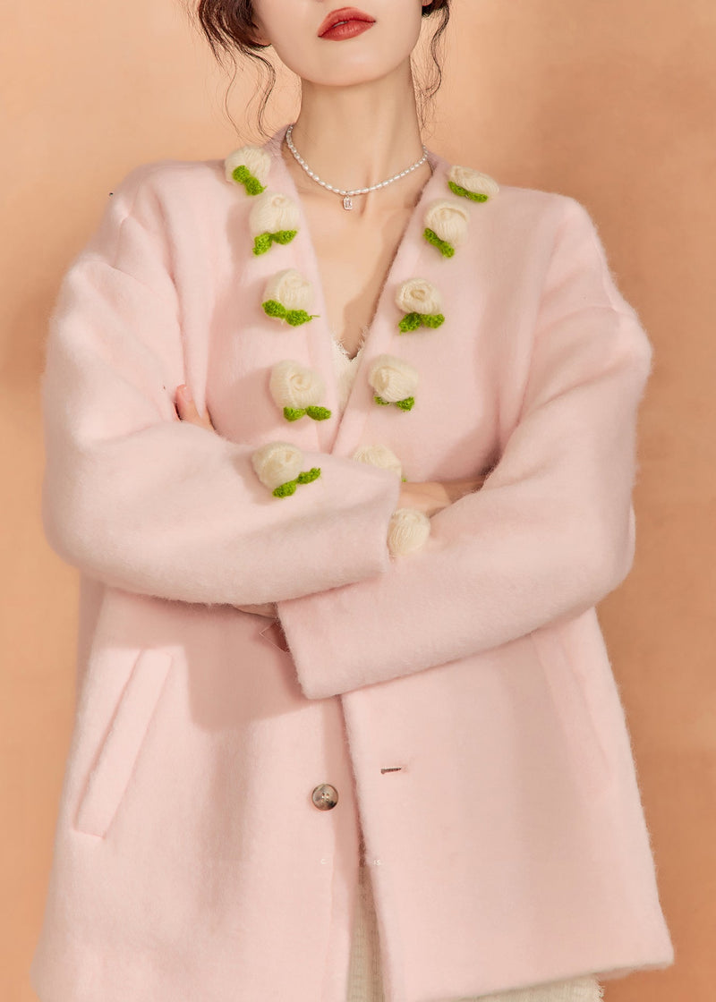 French Pink V Neck Button Woolen Coat Winter