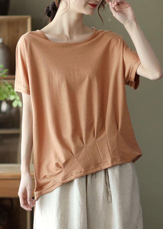 Brick Red Asymmetrical Design O-neck Patchwork Summer Cotton Shirts