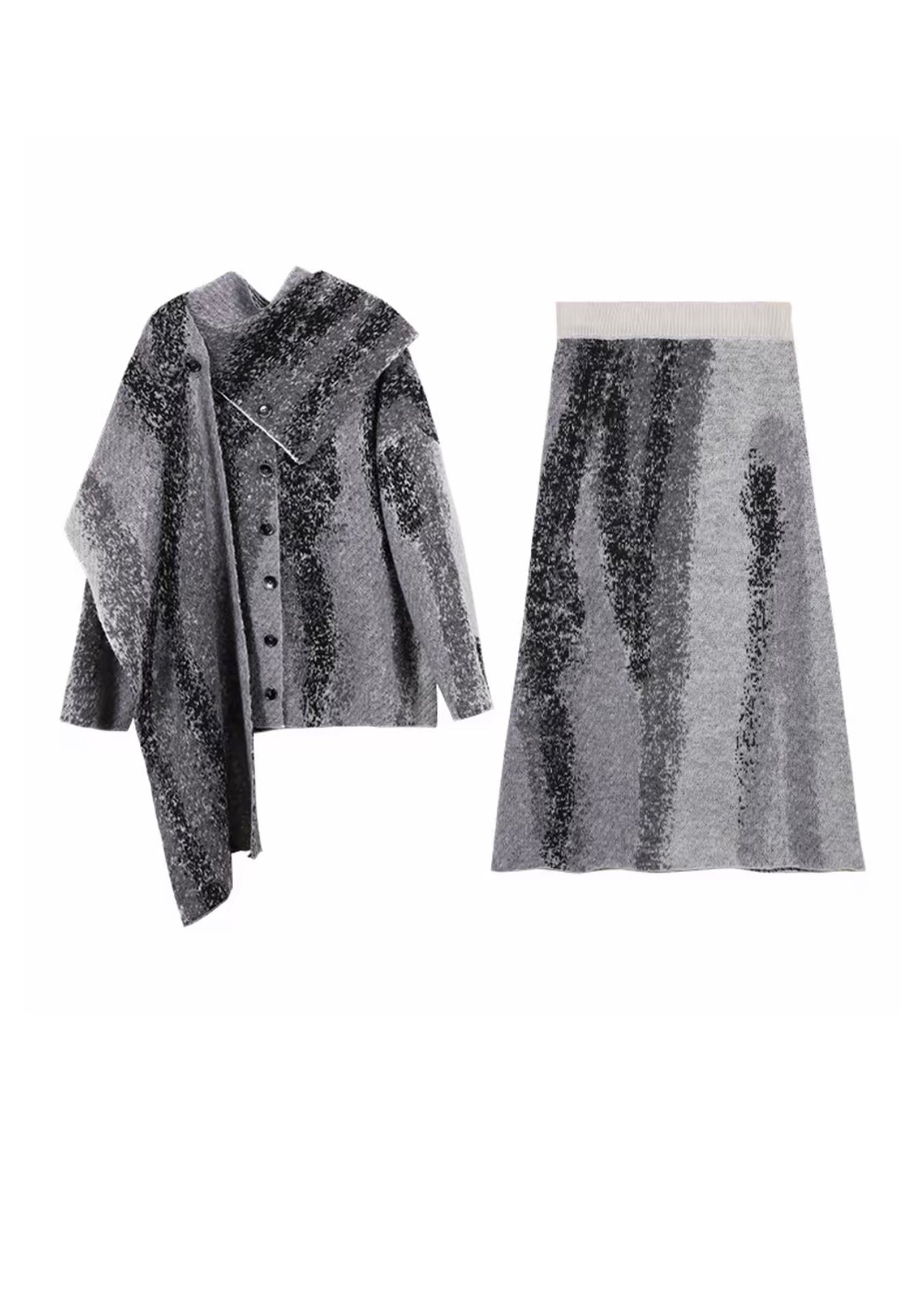 Natural Grey Print Wool Cardigan ,scarf and Maxi Skirts Three Piece Set Fall