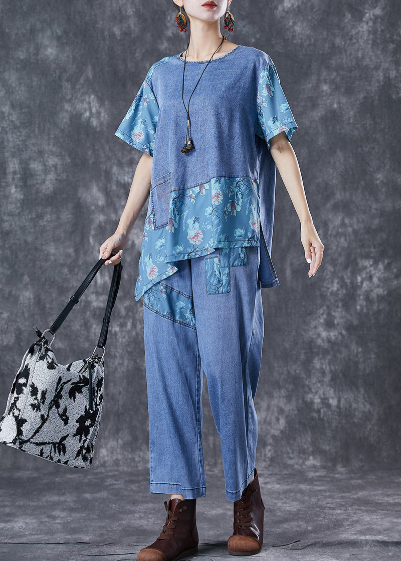 Blue Oversized Asymmetrical Patchwork Denim Two Pieces Set Summer