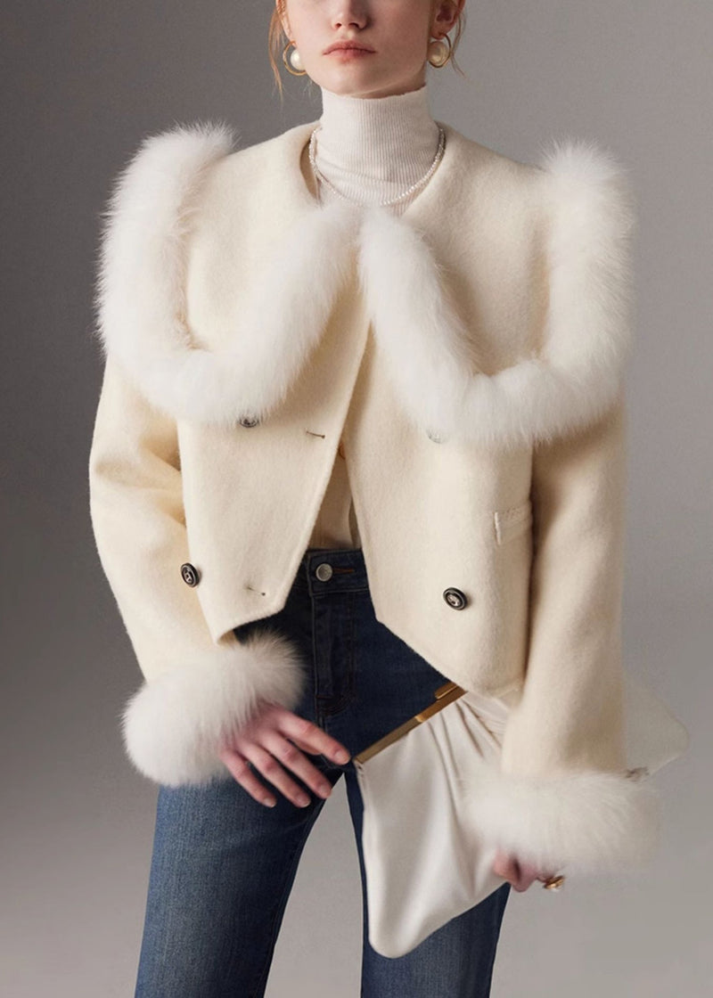 White Peter Pan Collar Patchwork Fox Fur Wool Coat Winter