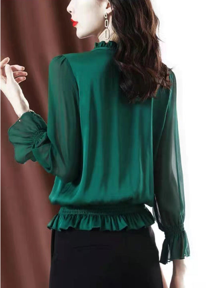 Green Ruffled Elastic Waist Chiffon Top Long Sleeve