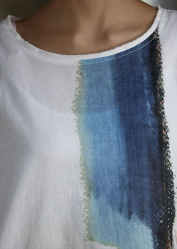 Handmade White O-neck Side Open Tie Dye Cotton Holiday Dress Summer
