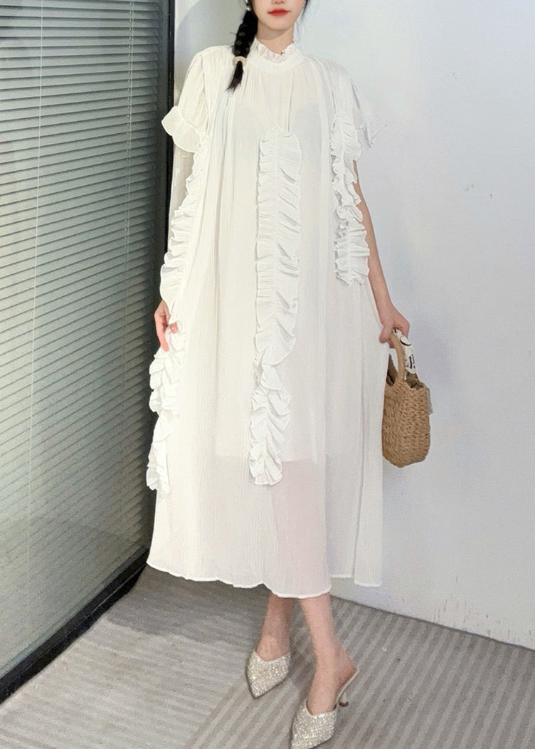 White Turtleneck Ruffled Patchwork Long Dresses Short Sleeve