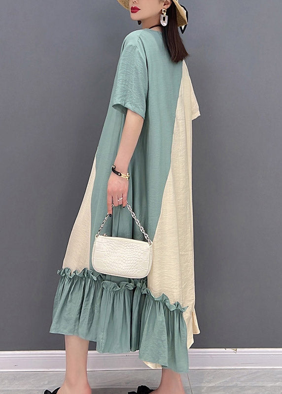 Loose Yellow Green O-neck Patchwork Ruffled Long Dress Short Sleeve