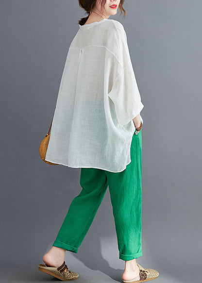 Green Cotton Loose Two Pieces Set O-neck Low High Design Batwing Sleeve