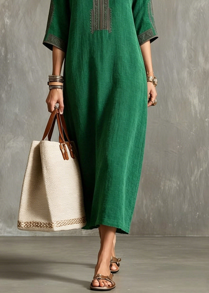 Green V Neck Patchwork Silk Long Dresses Half Sleeve
