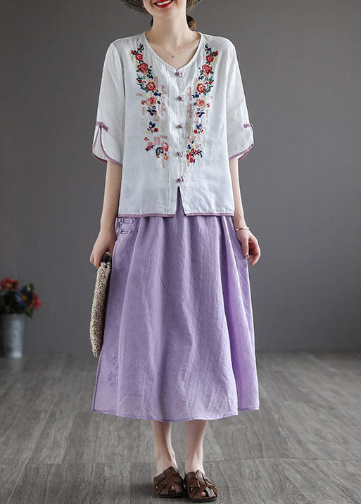 Purple Elastic Waist Embroideried Linen Skirt Spring