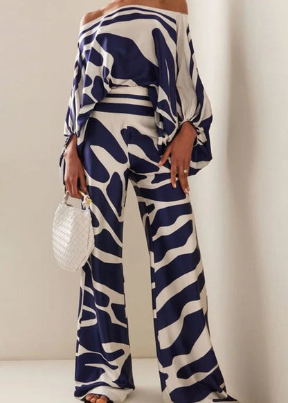 Loose Blue Print High Waist Cotton Two Piece Set Spring