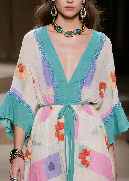 Blue Print Patchwork Ruffles Cotton Dresses Summer