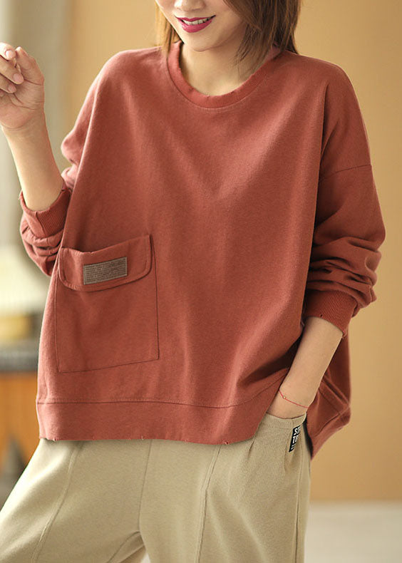 Comfy Brick Red Loose O-neck Pockets Fall Sweatshirt Street Wear