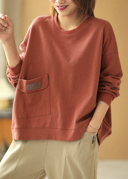 Comfy Brick Red Loose O-neck Pockets Fall Sweatshirt Street Wear