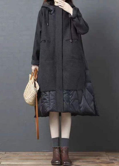 Black Hooded Pockets Patchwork Thick Long Coat Winter