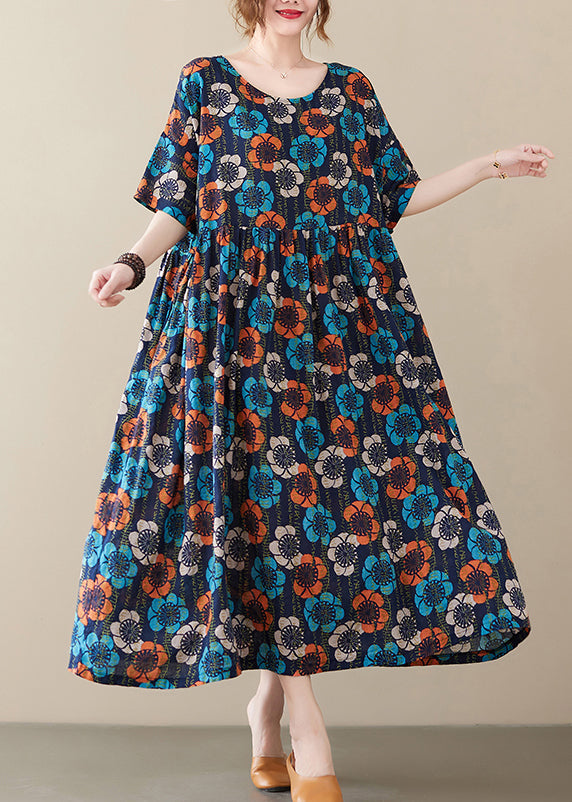Multi O Neck Print Cotton Long Dress Short Sleeve