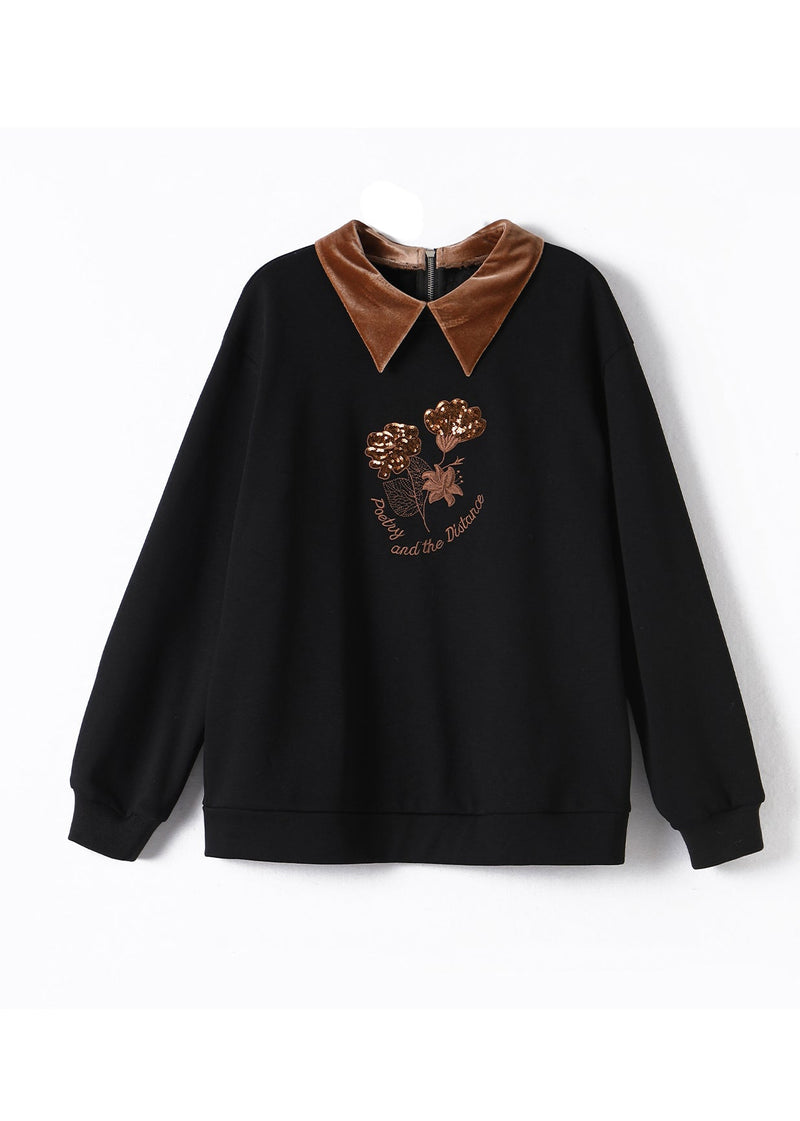 Organic Black Peter Pan Collar Embroideried Warm Fleece Top Fall