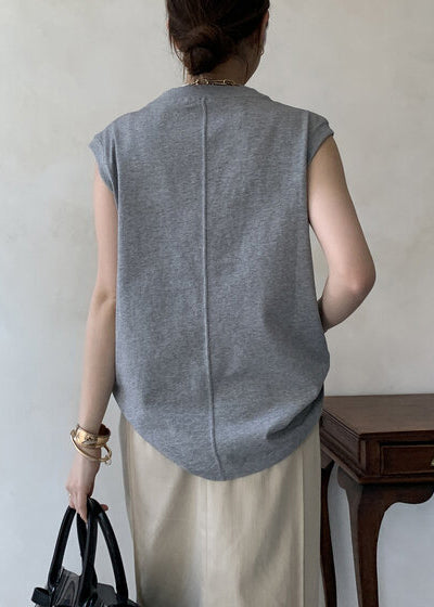 Grey Decorated Cotton Tank Tops Sleeveless