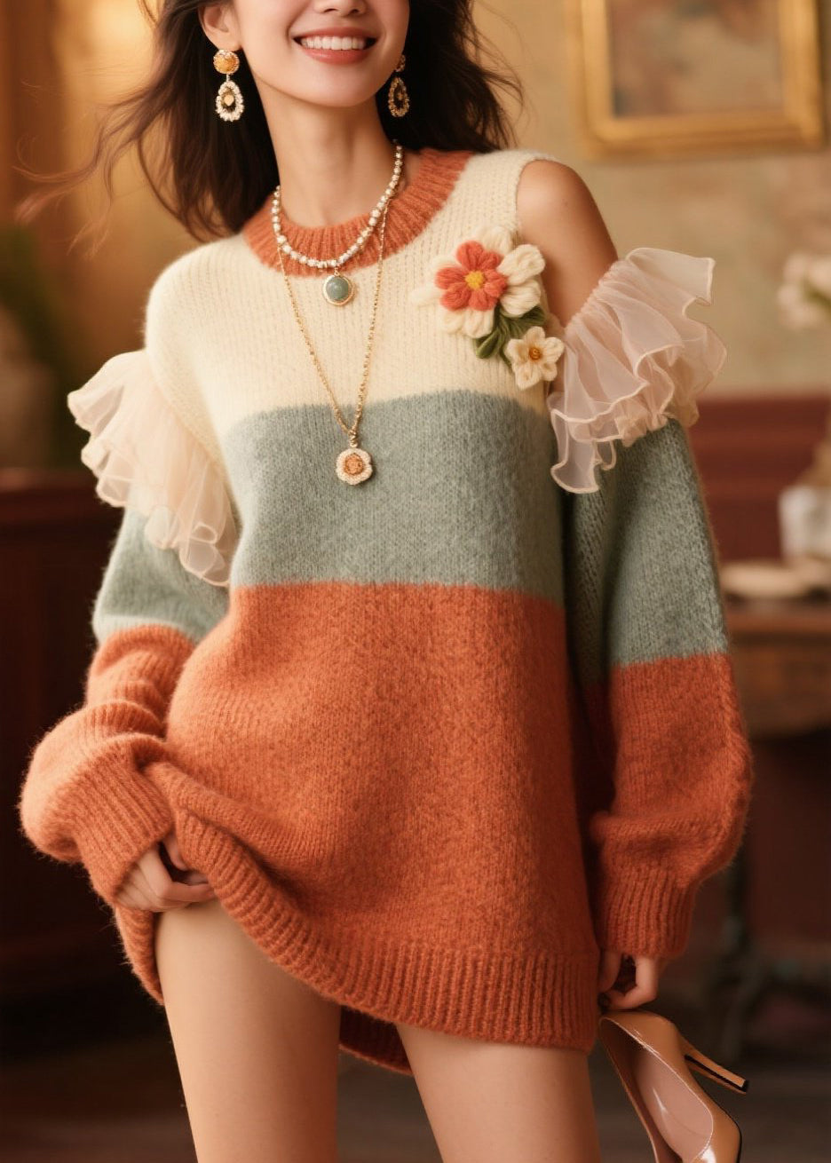 Italian Cold Shoulder Ruffled Knit Sweater Fall