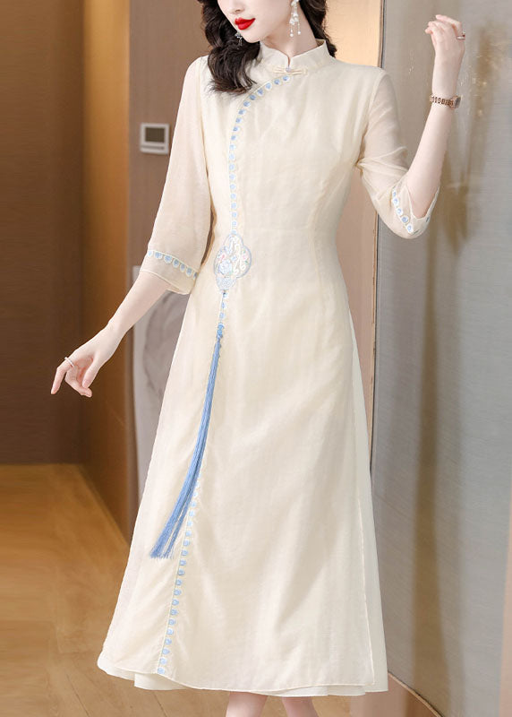Stylish Apricot Stand Collar Embroideried Tassel Silk Long Dresses Spring