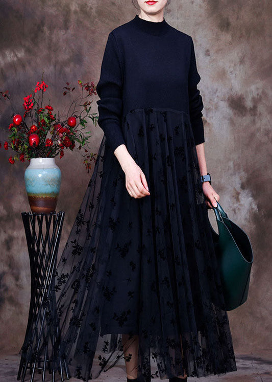 Fitted Black O-neck Lace Patchwork Knit Vacation Dresses Spring