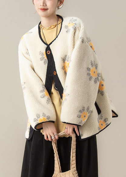 Jacquard Coffee Button Fluffy Coat and Grey Ruffled T Shirt Two Piece Set Winter