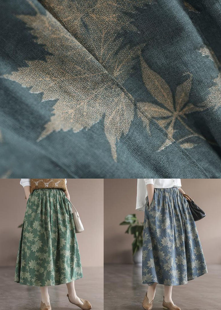 Blue Wrinkled Pockets Print Linen Skirt Spring