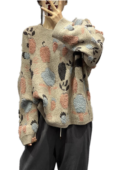 Cozy Khaki O Neck Jacquard Thick Warm Knit Sweaters Winter