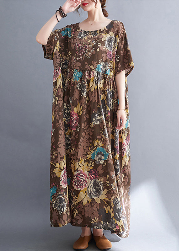 Coffee O-neck Print Maxi Dress Short Sleeve