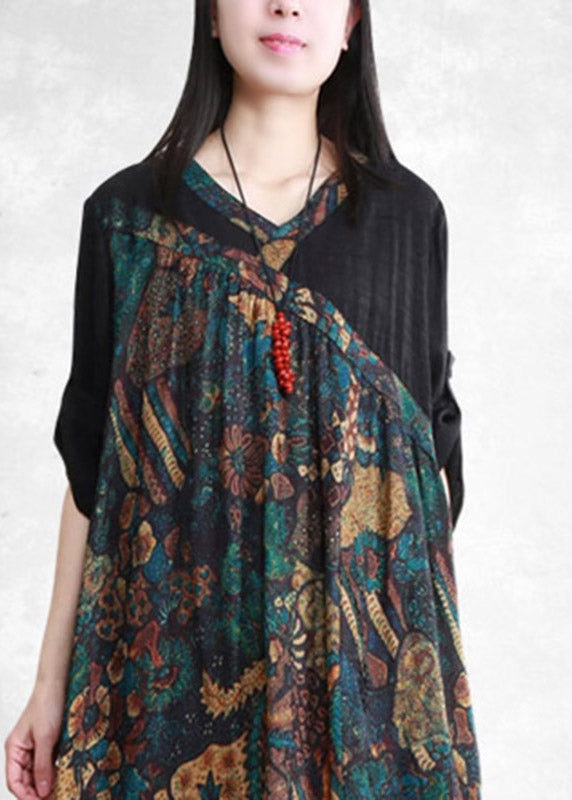 Black V Neck Patchwork Asymmetrical Print Silk Dress Three Quarter Sleeve