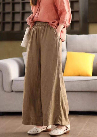 Yellow Embroidered Linen Wide Leg Pants Summer
