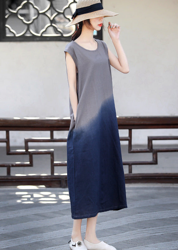 Slim Fit Blackish Green O-neck Color Contrast Tie Dye Long Dress Sleeveless