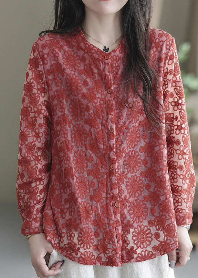 Organic Red O-neck Embroideried Lace Shirt Tops Spring