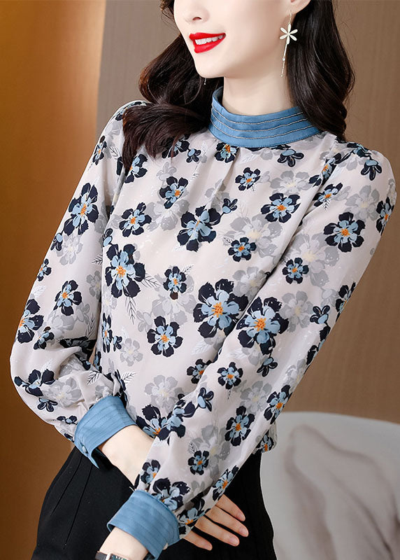 White Stand Collar Print Patchwork Chiffon Blouse Tops Spring