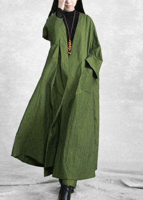 Green V Neck Pockets Trench Coats and Wide Leg Pants Two Pieces Set Spring