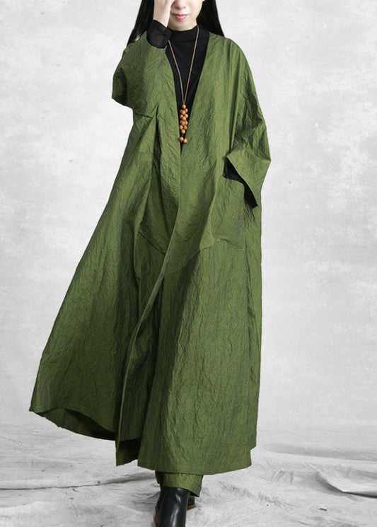 Green V Neck Pockets Trench Coats and Wide Leg Pants Two Pieces Set Spring