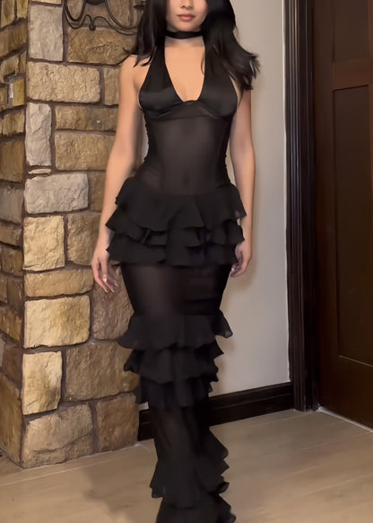 Black V Neck Ruffled Tulle Maxi Dresses Sleeveless