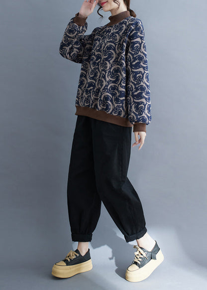 Navy Print Patchwork Warm Fleece Sweatshirt Top Spring