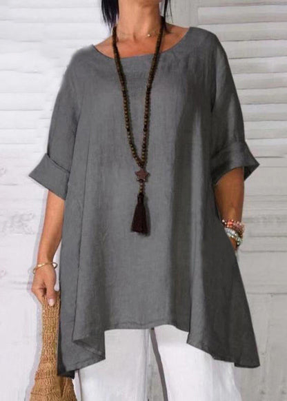 Loose Apricot O Neck Pockets Linen T Shirts Half Sleeve Fall