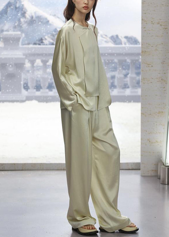 New Light Green O-neck Button Silk Pajamas Two-piece Set Long Sleeve