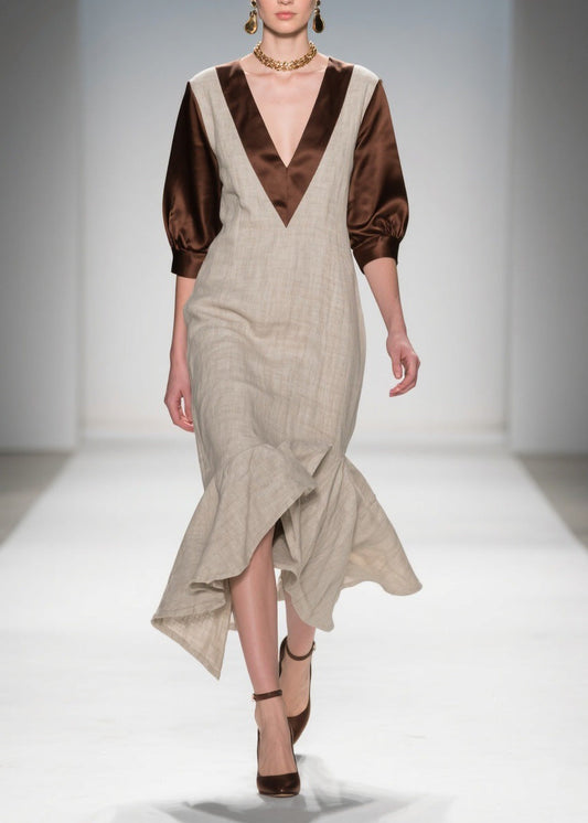 V Neck Ruffled Patchwork Linen Silk Dress Summer