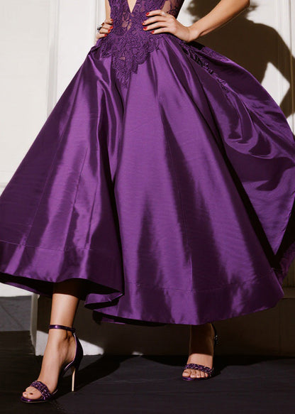 Purple V Neck Lace Patchwork Silk Dresses Summer