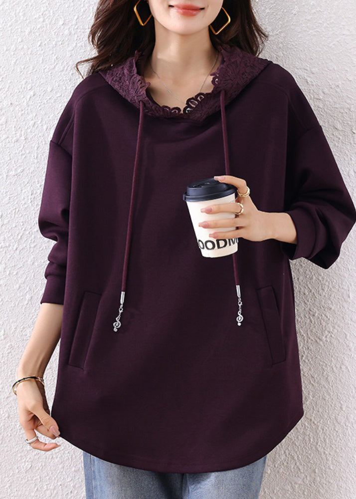 Purple Hooded Cotton Loose Sweatshirts Top Fall