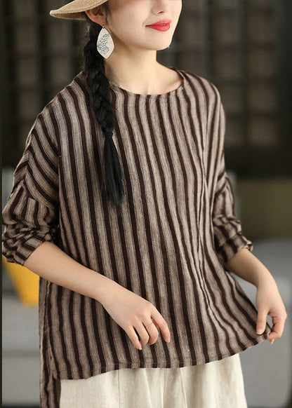 Red O Neck Striped Loose Linen Top Long Sleeve