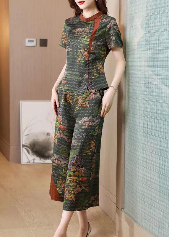 Green Stand Collar Print Patchwork Silk Two Pieces Set Summer