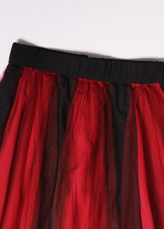 Style Red Tulle Patchwork Zippered Summer a Line Skirt