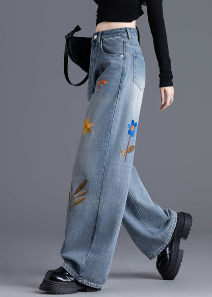 Boutique Blue Embroidered Denim Straight Pants Spring
