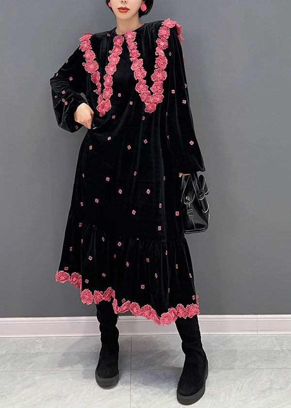 French Black O Neck Silk Velour Maxi Dress Winter
