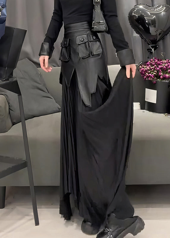 Black Pu Patchwork Wrinkled a Line Skirt Summer