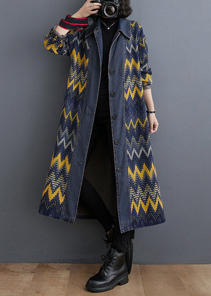 Blue Peter Pan Collar Print Button Denim Long Trench Coat Fall