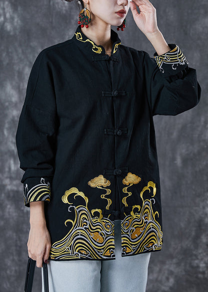 Black Embroideried Cotton Shirt Tops Spring